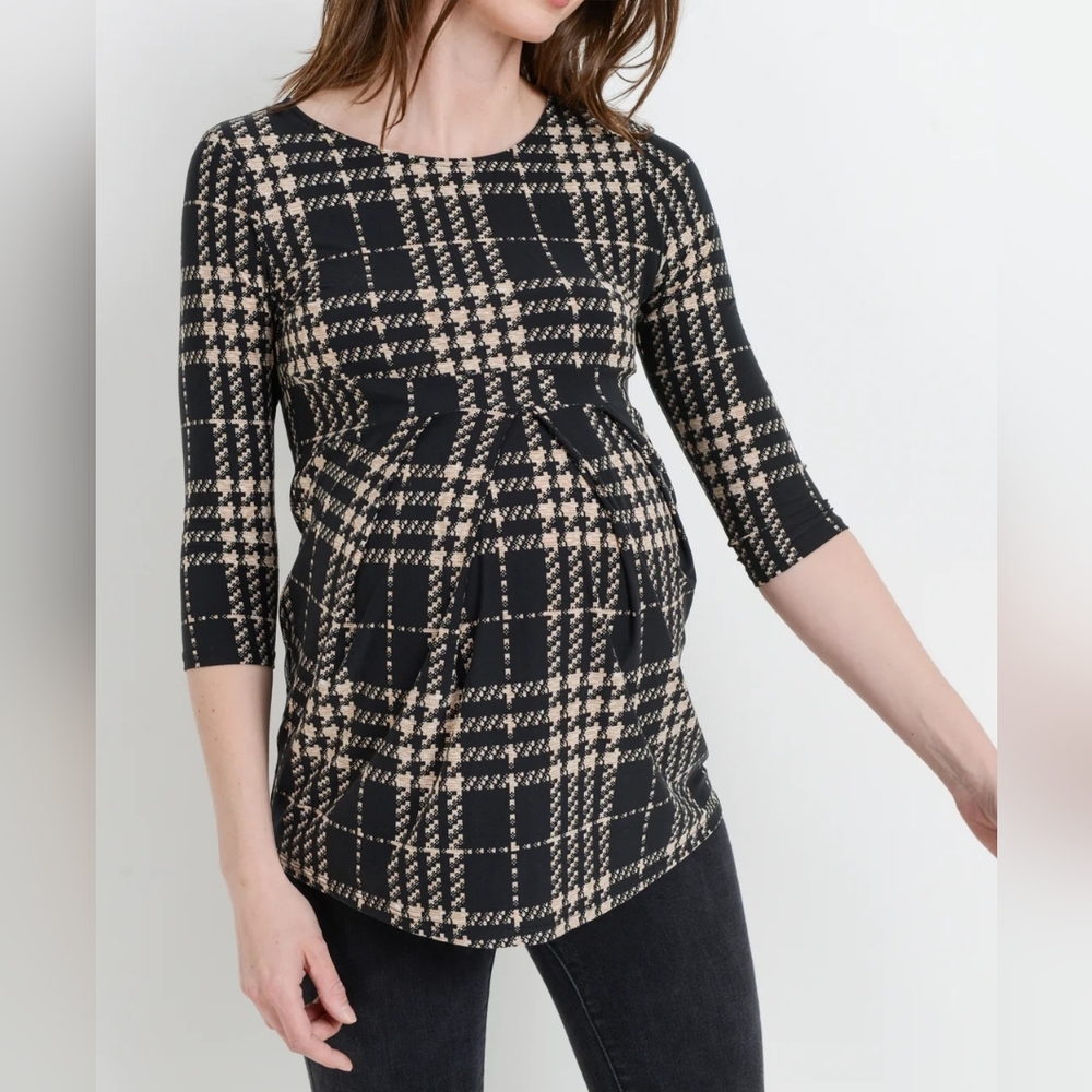 Hello MIZ Black and Tan Plaid Maternity Top